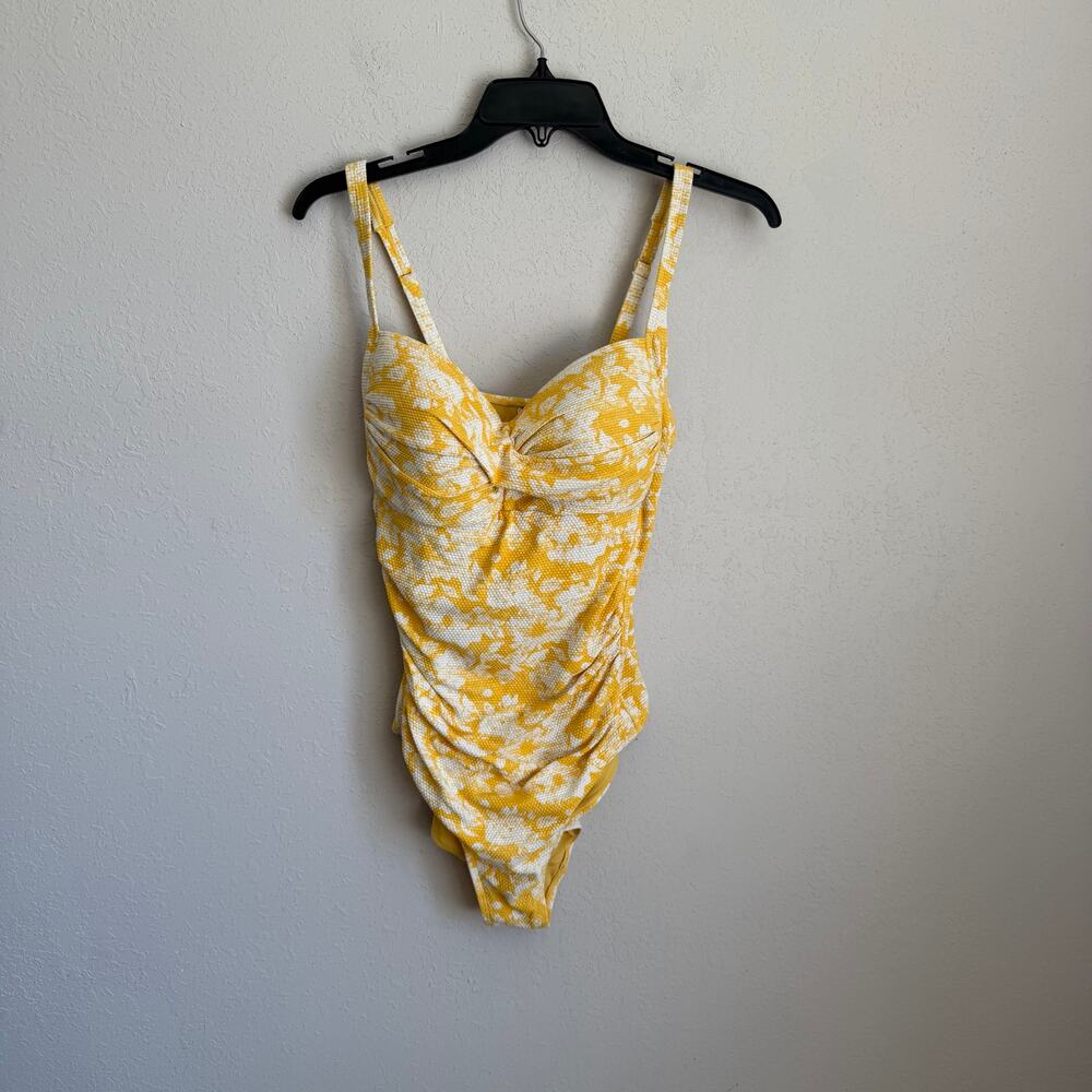 Nip Tuck Swim Joanne Twist Ruche Yellow White Floral One Piece Swimsuit Women 12